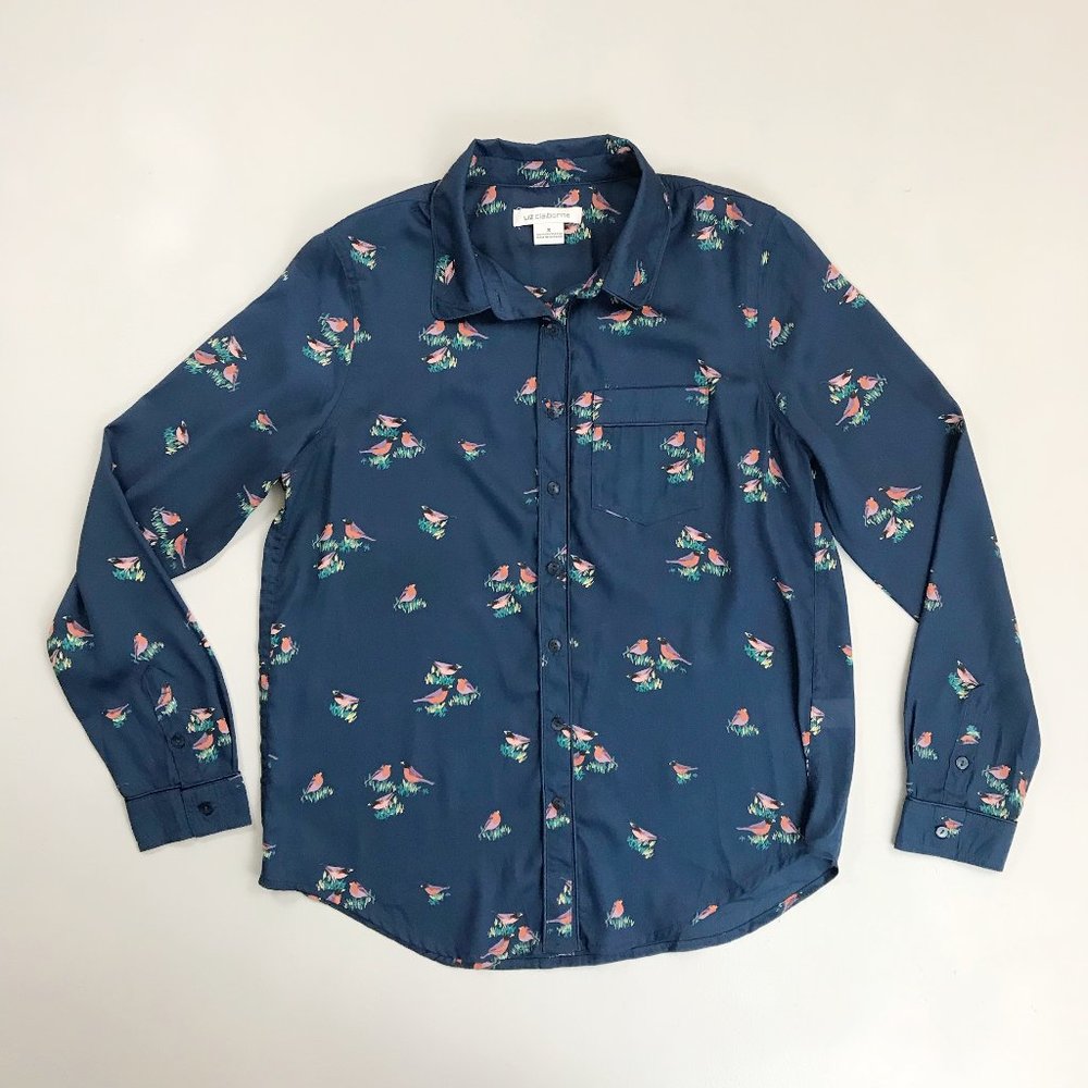 LIZ CLAIBORNE Whimsical Bird Print Blouse Small Button Down Semi-Sheer Blue